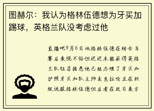 图赫尔：我认为格林伍德想为牙买加踢球，英格兰队没考虑过他