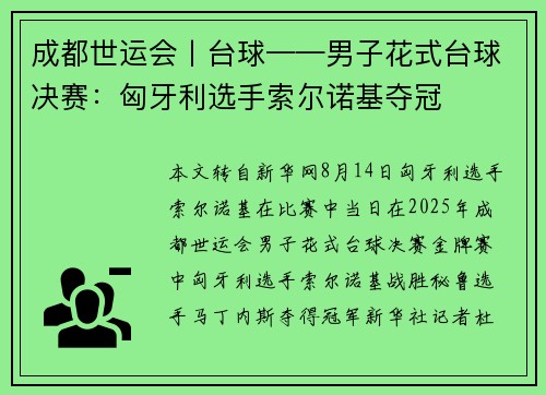 成都世运会丨台球——男子花式台球决赛：匈牙利选手索尔诺基夺冠